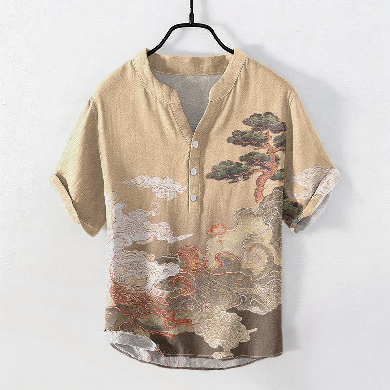 Buddha Stones Koszula męska z krótkim rękawem i półguzikiem w kolorze sosny i bawełny z falami - BurlyWood - US/UK/AU50, EU60 (5XL) - image 3