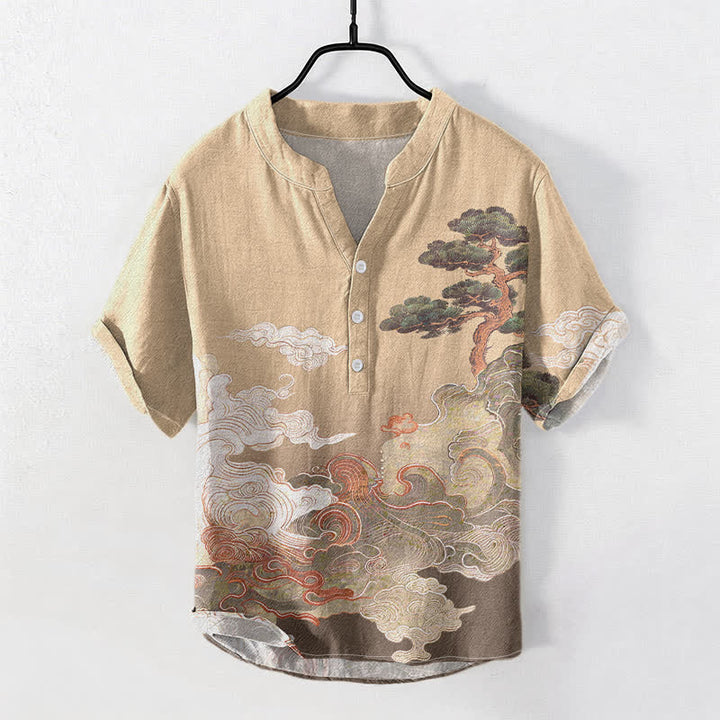 Buddha Stones Koszula męska z krótkim rękawem i półguzikiem w kolorze sosny i bawełny z falami - BurlyWood - US/UK/AU50, EU60 (5XL) - image 3