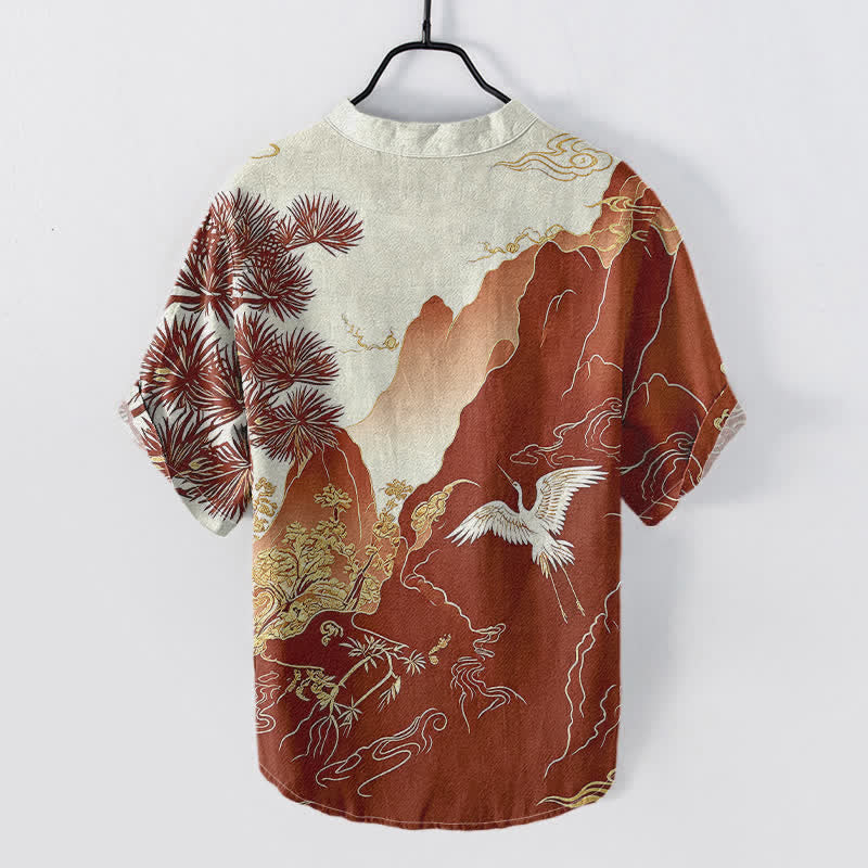 Buddha Stones Koszula męska z krótkim rękawem i krótkim guzikiem, bawełniana, z orientalnym wzorem żurawia górskiego - image 4