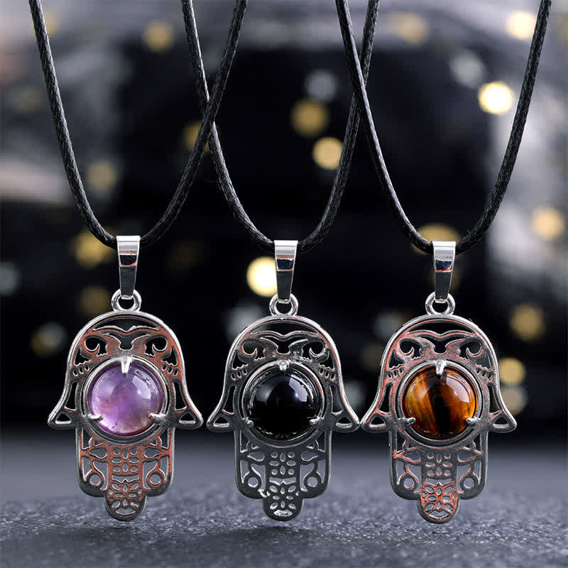 Buddha Stones Naszyjnik z kryształu z naturalnego czarnego obsydianu i palmy Hamsa - image 0