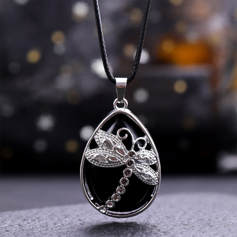 Buddha Stones Naszyjnik z naturalnym zielonym awenturynem w kształcie łezki z ważką i kryształową równowagą - Naturalny czarny obsydian (kolor może się różnić) - image 13