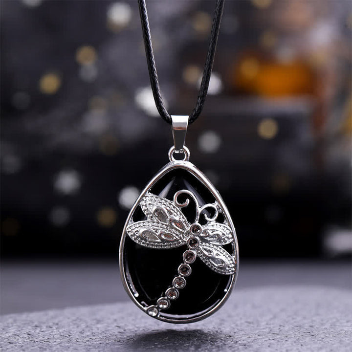 Buddha Stones Naszyjnik z naturalnym zielonym awenturynem w kształcie łezki z ważką i kryształową równowagą - Naturalny czarny obsydian (kolor może się różnić) - image 13