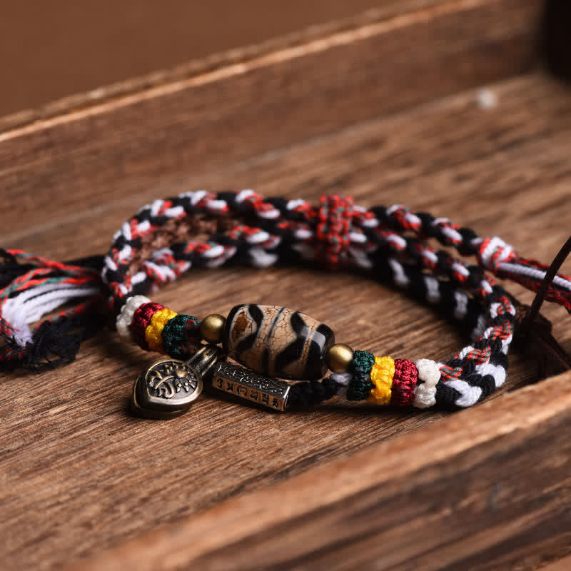 Buddha Stones Bransoletka Om Mani Padme Hum z koralików Dzi Beads z podwójnym owinięciem i plecioną liną - image 1