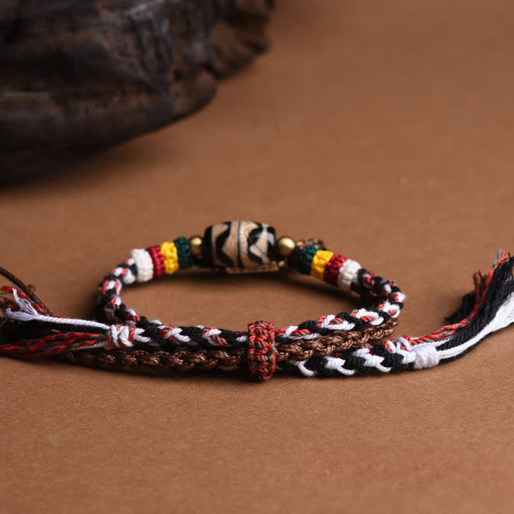 Buddha Stones Bransoletka Om Mani Padme Hum z koralików Dzi Beads z podwójnym owinięciem i plecioną liną - image 3