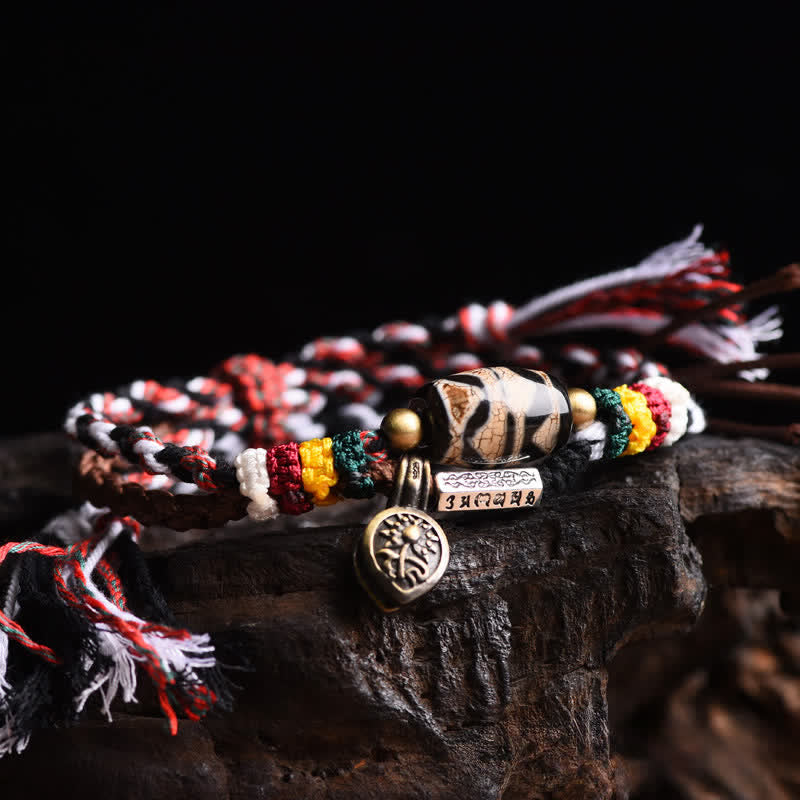 Buddha Stones Bransoletka Om Mani Padme Hum z koralików Dzi Beads z podwójnym owinięciem i plecioną liną - Koraliki Dzi (obwód nadgarstka: 15-25 cm) - image 0
