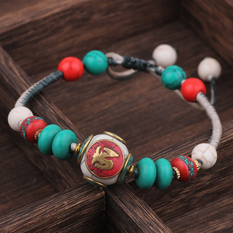 Buddha Stones Bransoletka miłosna z plecionej liny z turkusowego bursztynu i tybetu - Płaska turkusowo-czarno-biała lina (obwód nadgarstka: 15-21 cm) - image 1