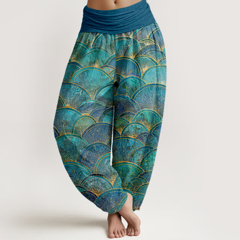 Buddha Stones Spodnie damskie typu harem z elastycznej talii, z czystej bawełny, w turkusowy wzór wachlarzowy - Turkus - US16, UK/AU20, EU48 (3XL) - image 0