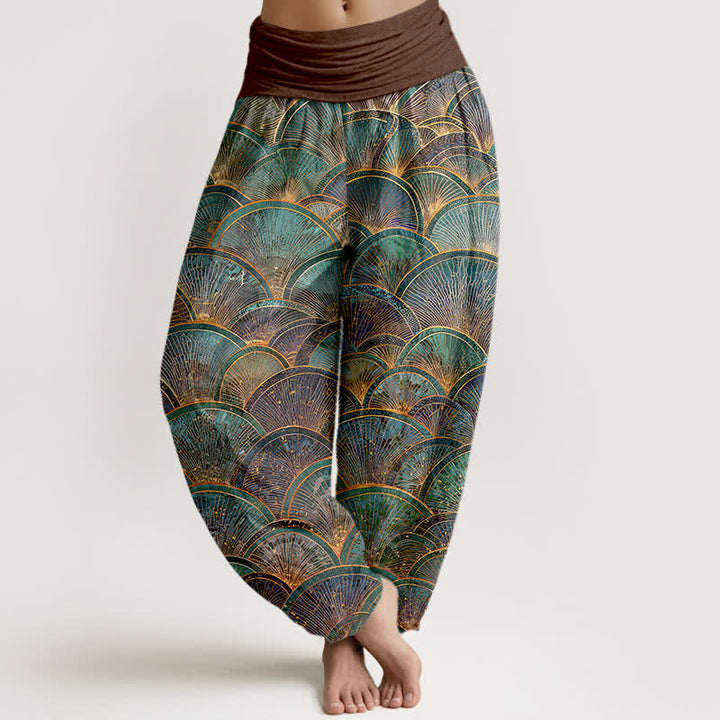 Buddha Stones Spodnie damskie typu harem z elastycznej talii, z czystej bawełny, w turkusowy wzór wachlarzowy - SaddleBrown - US16, UK/AU20, EU48 (3XL) - image 5
