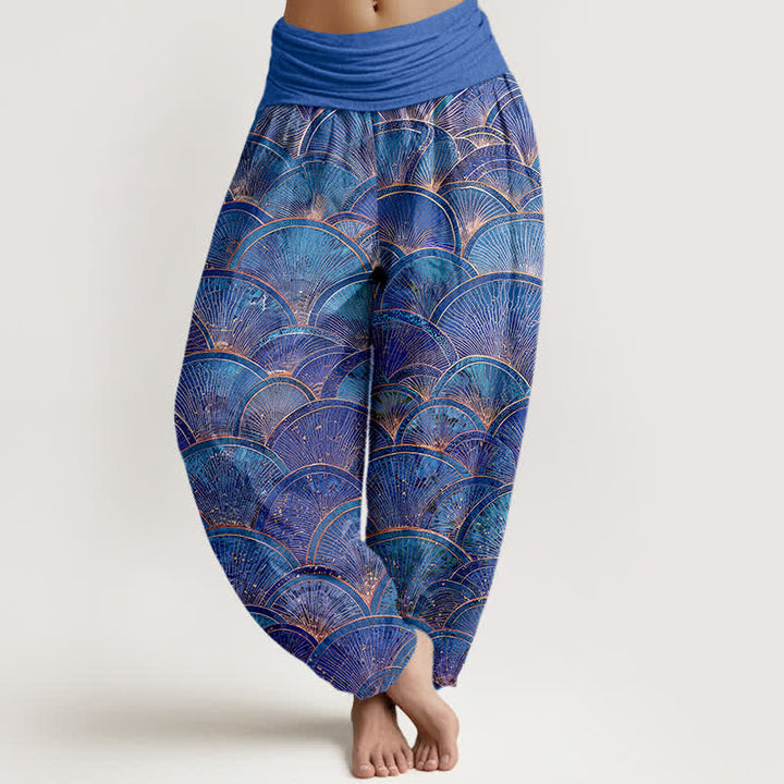 Buddha Stones Spodnie damskie typu harem z elastycznej talii, z czystej bawełny, w turkusowy wzór wachlarzowy - RoyalBlue - US16, UK/AU20, EU48 (3XL) - image 8