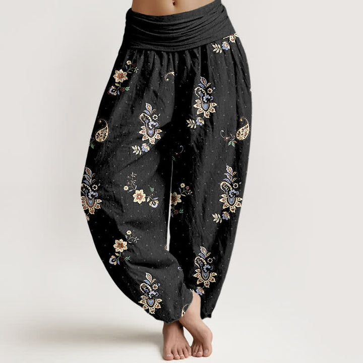 Buddha Stones Spodnie damskie haremki z elastycznej talii w stylu boho paisley z czystej bawełny i kwiatowym wzorem - Czarny - US16, UK/AU20, EU48 (3XL) - image 0