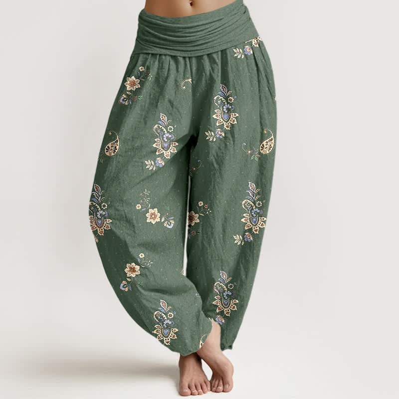 Buddha Stones Spodnie damskie haremki z elastycznej talii w stylu boho paisley z czystej bawełny i kwiatowym wzorem - DarkOliveGreen - US16, UK/AU20, EU48 (3XL) - image 8
