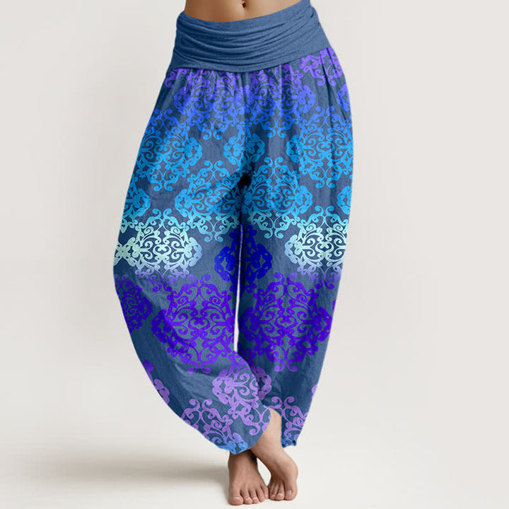 Buddha Stones Spodnie damskie typu harem z elastycznej talii z czystej bawełny w barokowy, gradientowy wzór kwiatowy - RoyalBlue - US16, UK/AU20, EU48 (3XL) - image 5