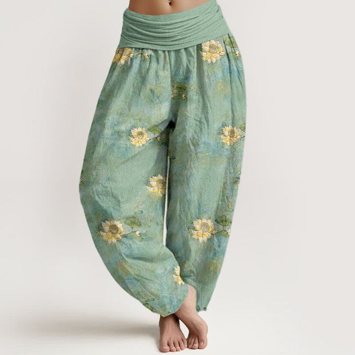 Buddha Stones Spodnie damskie typu harem z elastycznej talii w kolorze żółtym z motywem lotosu - ŚredniaAkwamaryna - US16, UK/AU20, EU48 (3XL) - image 0