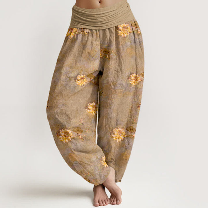 Buddha Stones Spodnie damskie typu harem z elastycznej talii w kolorze żółtym z motywem lotosu - Dębnik - US16, UK/AU20, EU48 (3XL) - image 8