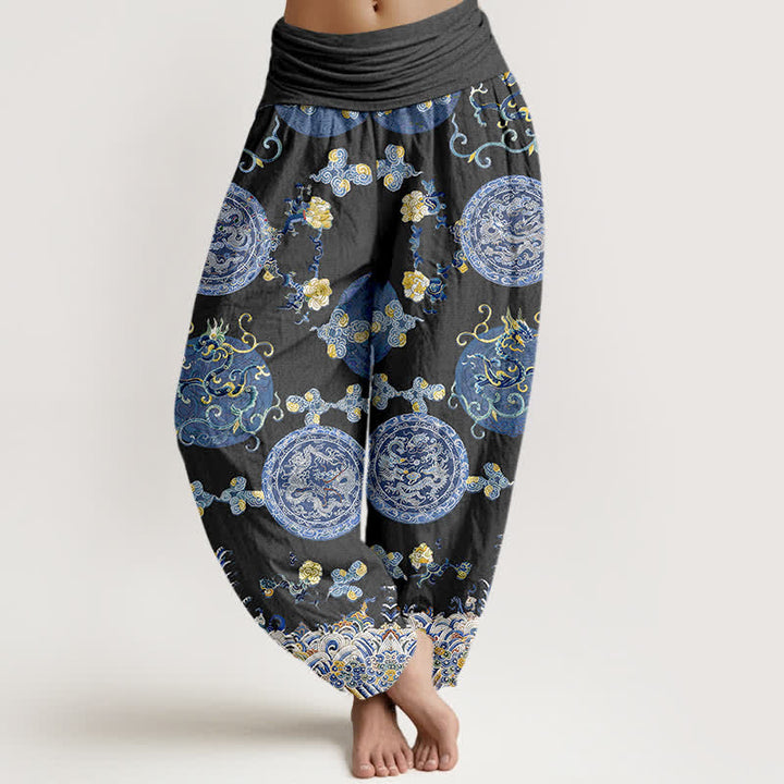 Buddha Stones Spodnie haremki damskie z bawełny w kolorze indygo z nadrukiem smoka i elastyczną talią - Czarny - US16, UK/AU20, EU48 (3XL) - image 0