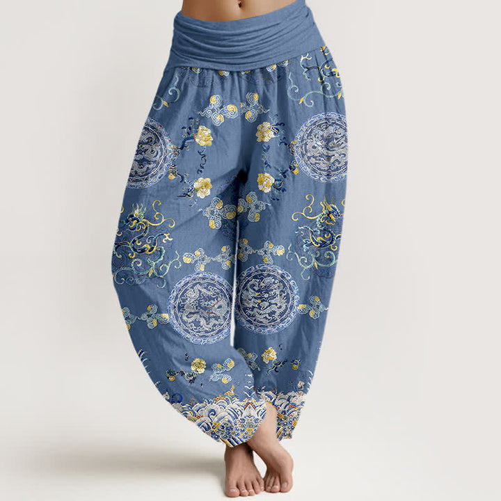 Buddha Stones Spodnie haremki damskie z bawełny w kolorze indygo z nadrukiem smoka i elastyczną talią - Stalowoniebieski - US16, UK/AU20, EU48 (3XL) - image 5