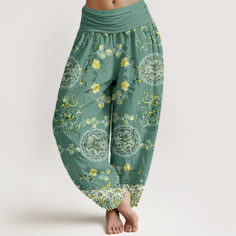 Buddha Stones Spodnie haremki damskie z bawełny w kolorze indygo z nadrukiem smoka i elastyczną talią - MediumSeaGreen - US16, UK/AU20, EU48 (3XL) - image 8
