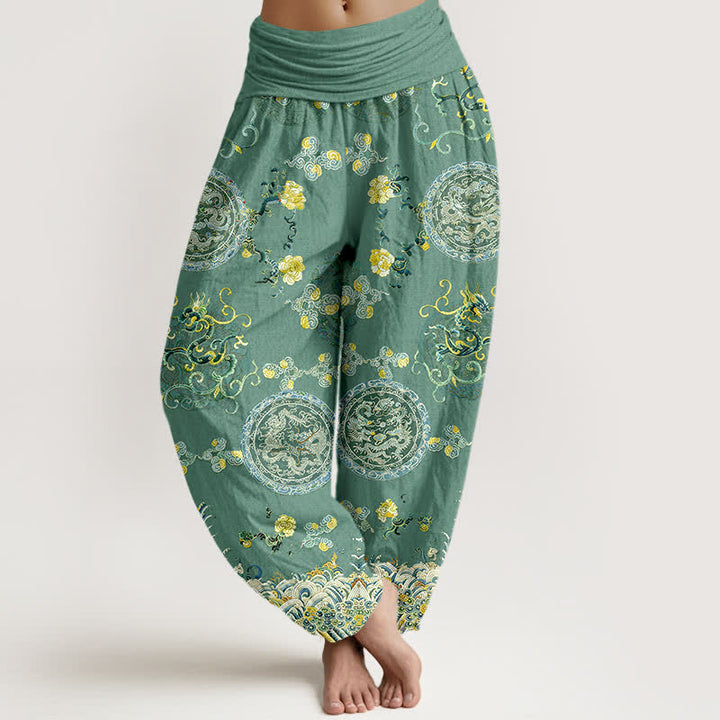 Buddha Stones Spodnie haremki damskie z bawełny w kolorze indygo z nadrukiem smoka i elastyczną talią - MediumSeaGreen - US16, UK/AU20, EU48 (3XL) - image 8