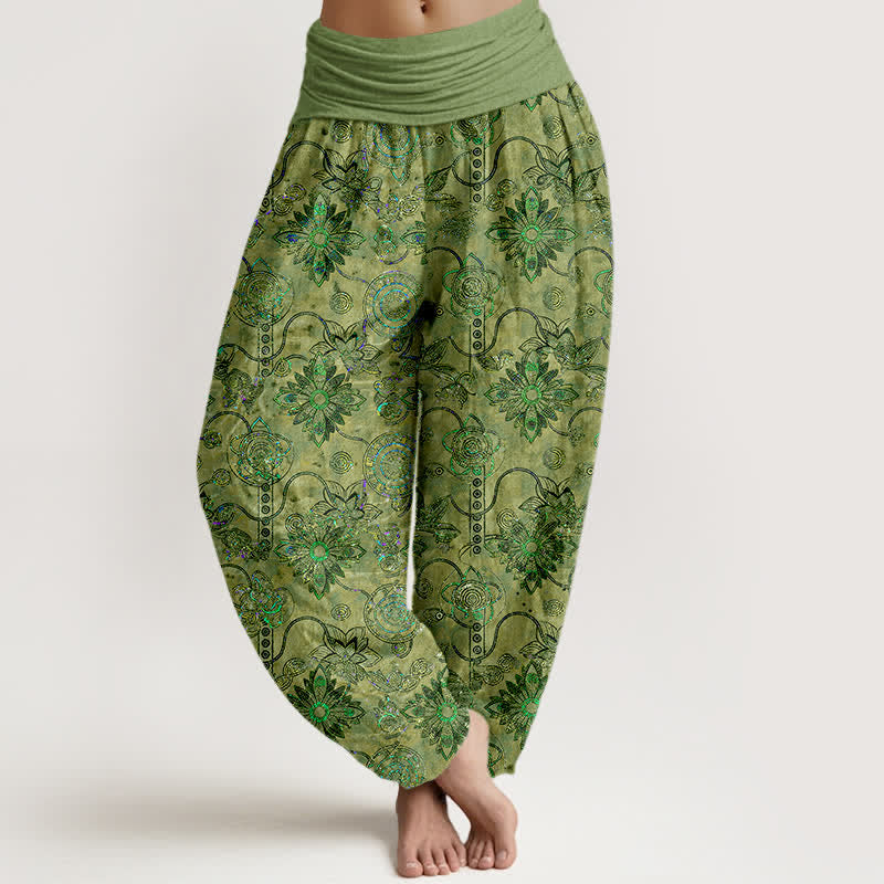 Buddha Stones Spodnie damskie haremki z elastycznej talii w kolorze oliwkowym w stylu boho z kwiatowym wzorem w romby z czystej bawełny - Oliwka - US16, UK/AU20, EU48 (3XL) - image 0