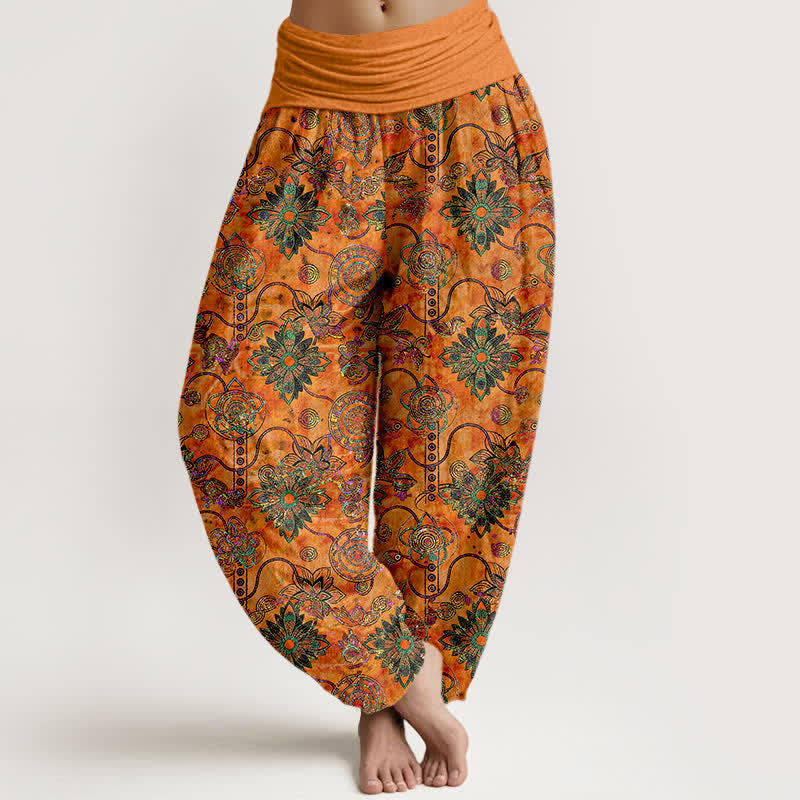 Buddha Stones Spodnie damskie haremki z elastycznej talii w kolorze oliwkowym w stylu boho z kwiatowym wzorem w romby z czystej bawełny - Pomarańczowy - US16, UK/AU20, EU48 (3XL) - image 5