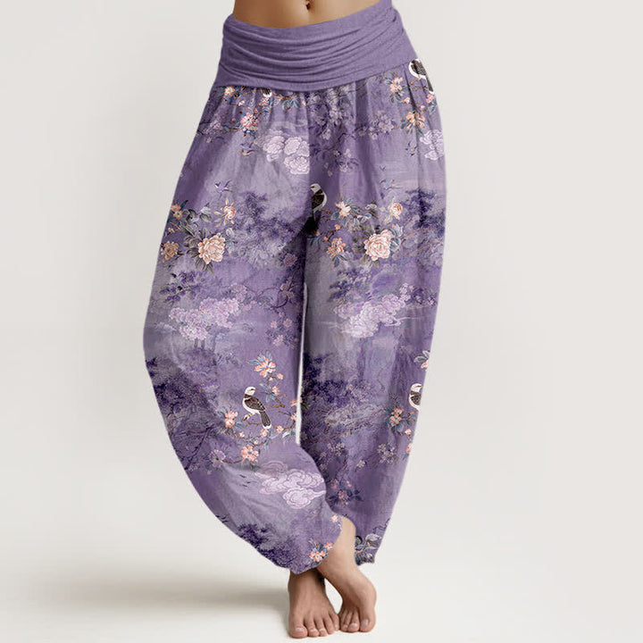 Buddha Stones Spodnie damskie typu harem z elastycznej talii z motywem ptaków w kwiaty z czystej bawełny - Średniofioletowy - US16, UK/AU20, EU48 (3XL) - image 0