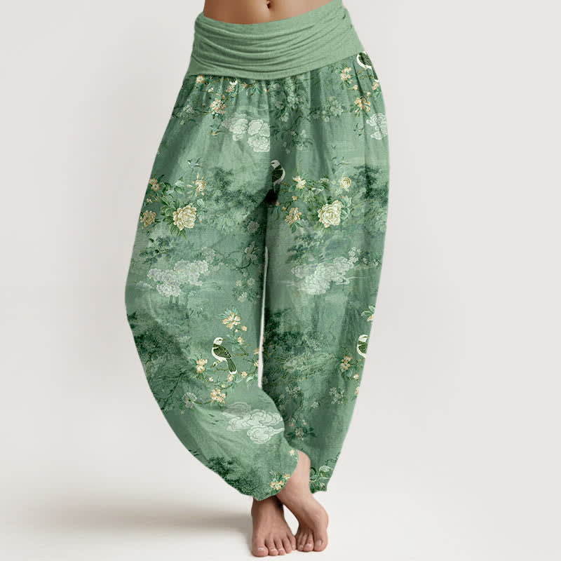Buddha Stones Spodnie damskie typu harem z elastycznej talii z motywem ptaków w kwiaty z czystej bawełny - MediumSeaGreen - US16, UK/AU20, EU48 (3XL) - image 5