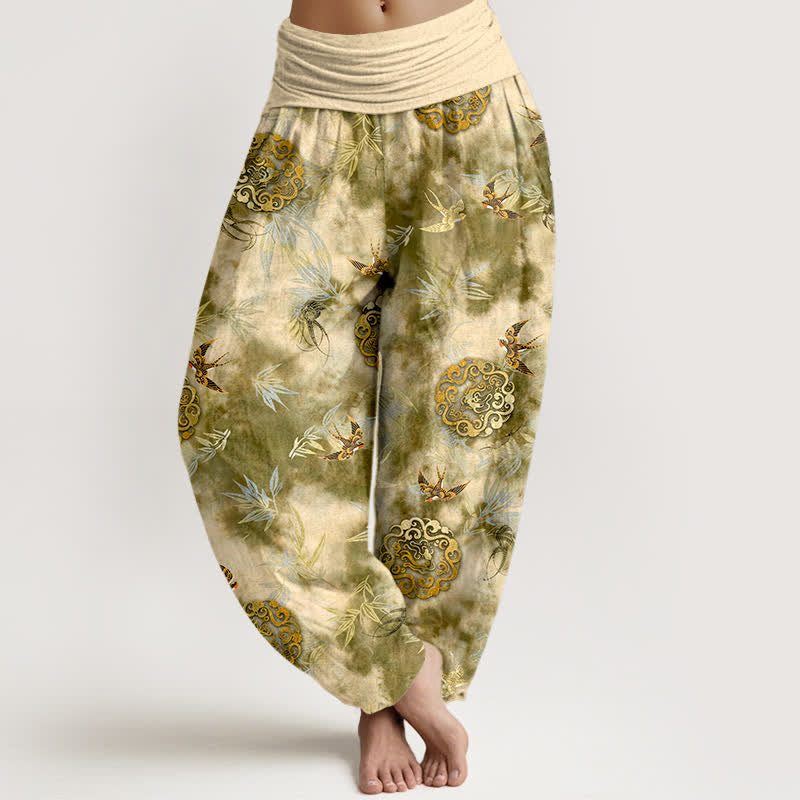 Buddha Stones Spodnie damskie typu harem z czystej bawełny z motywem chmur i ptaków, z elastyczną talią - Khaki - US16, UK/AU20, EU48 (3XL) - image 0