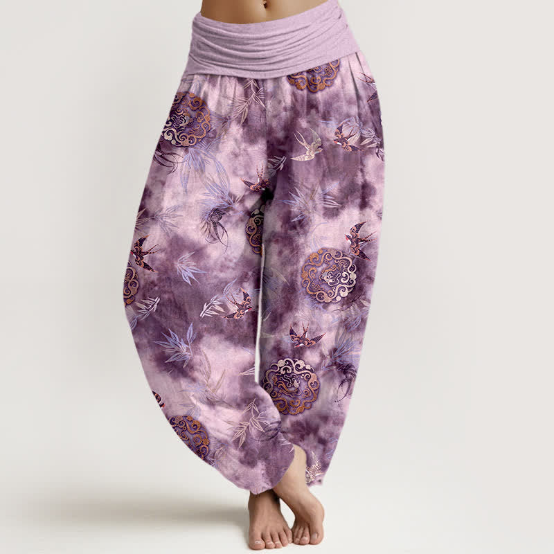 Buddha Stones Spodnie damskie typu harem z czystej bawełny z motywem chmur i ptaków, z elastyczną talią - MediumOrchid - US16, UK/AU20, EU48 (3XL) - image 8