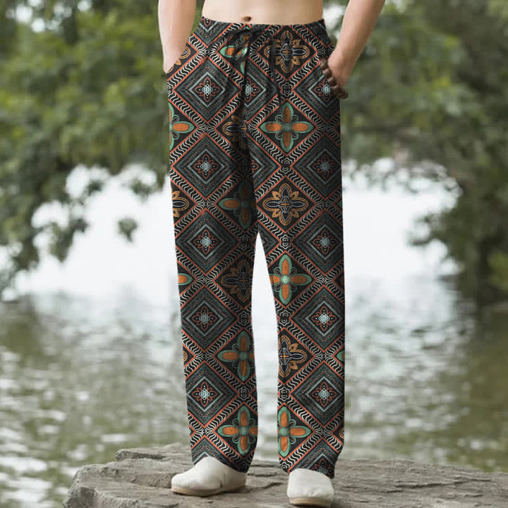 Buddha Stones Spodnie męskie zwężane z bawełny w stylu boho z kwiatowym wzorem w romby i kieszeniami - Czarny - US/UK/AU50, EU60 (5XL) - image 0