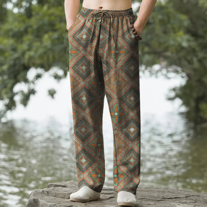 Buddha Stones Spodnie męskie zwężane z bawełny w stylu boho z kwiatowym wzorem w romby i kieszeniami - Oliwkowy - US/UK/AU50, EU60 (5XL) - image 4