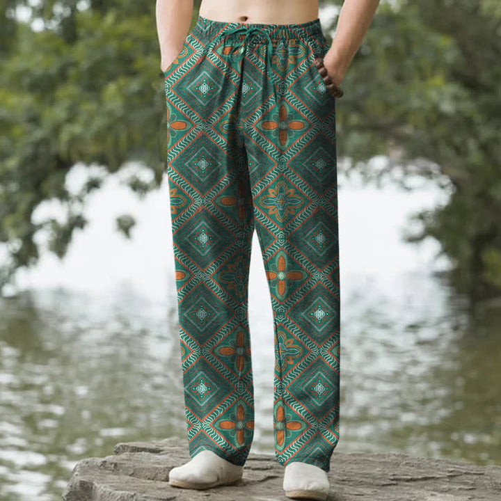 Buddha Stones Spodnie męskie zwężane z bawełny w stylu boho z kwiatowym wzorem w romby i kieszeniami - SeaGreen - US/UK/AU50, EU60 (5XL) - image 6