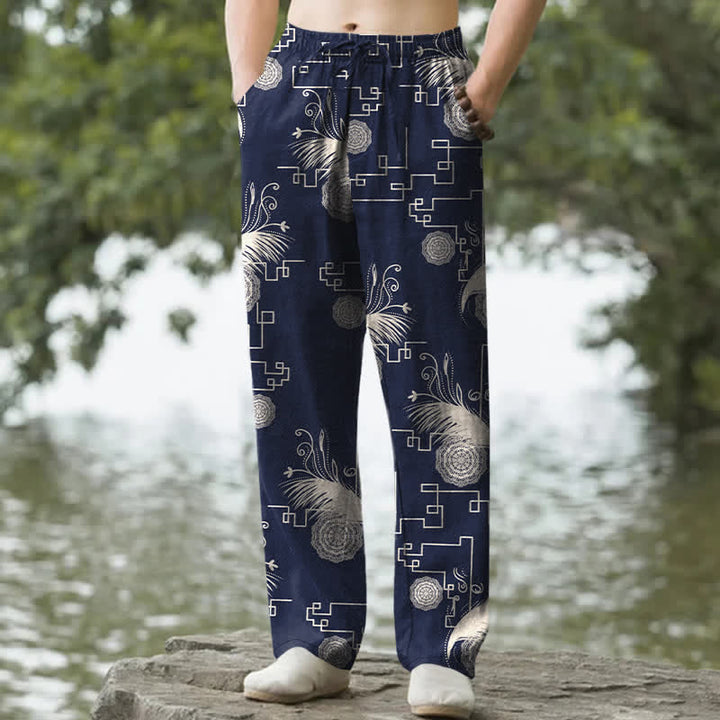 Buddha Stones Spodnie męskie zwężane z bawełny z geometrycznym wzorem i kieszeniami - Marynarka wojenna - US/UK/AU50, EU60 (5XL) - image 0