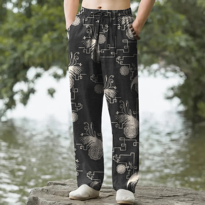 Buddha Stones Spodnie męskie zwężane z bawełny z geometrycznym wzorem i kieszeniami - Czarny - US/UK/AU50, EU60 (5XL) - image 4