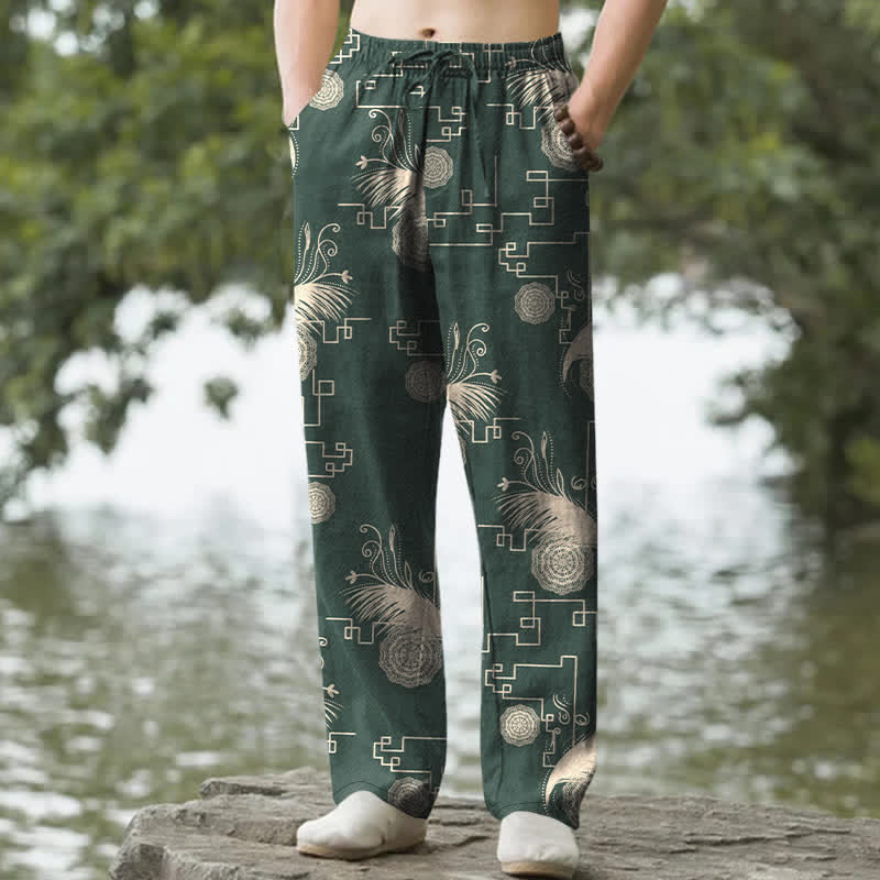 Buddha Stones Spodnie męskie zwężane z bawełny z geometrycznym wzorem i kieszeniami - ForestGreen - US/UK/AU50, EU60 (5XL) - image 6