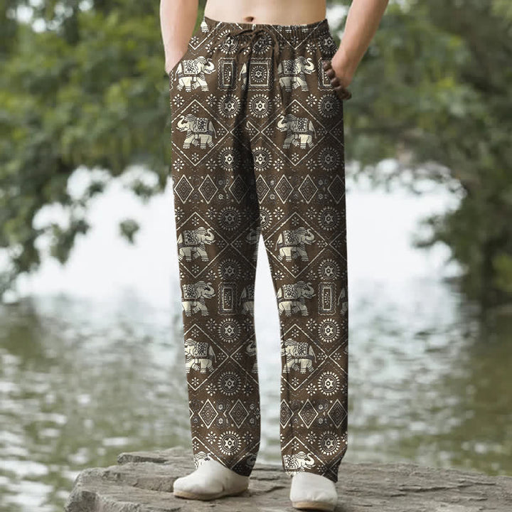Buddha Stones Spodnie męskie zwężane z bawełny w kolorze kości słoniowej z geometrycznym wzorem w mandalę i kieszeniami - SaddleBrown - US/UK/AU50, EU60 (5XL) - image 6