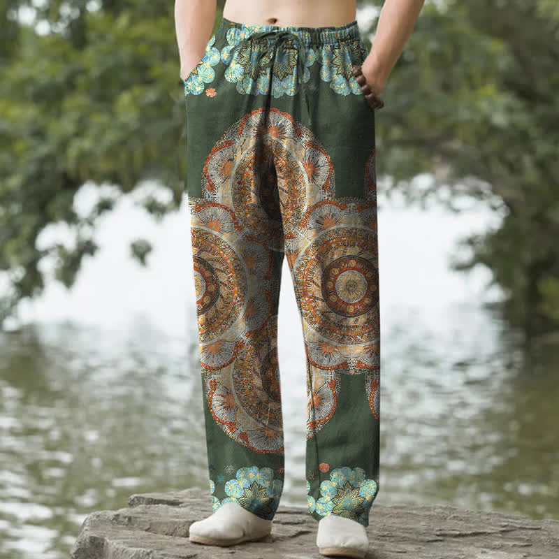 Buddha Stones Spodnie męskie zwężane z czystej bawełny z motywem kwiatowym i mandalą, z kieszeniami - Ciemnozielony - US/UK/AU50, EU60 (5XL) - image 4