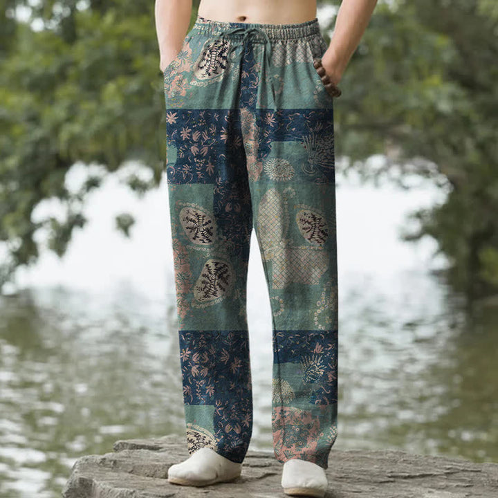 Buddha Stones Spodnie męskie zwężane z kieszeniami, bawełniane, w stylu boho, z kwiatowym wzorem i patchworkiem - SeaGreen - US/UK/AU50, EU60 (5XL) - image 0