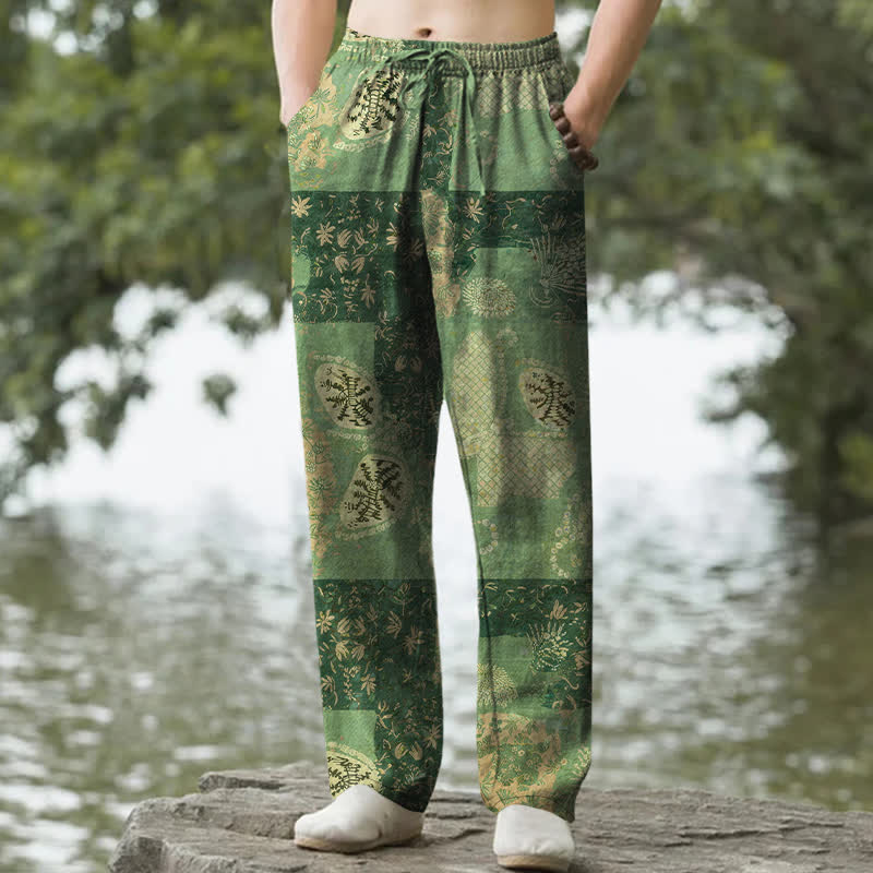 Buddha Stones Spodnie męskie zwężane z kieszeniami, bawełniane, w stylu boho, z kwiatowym wzorem i patchworkiem - Oliwkowy - US/UK/AU50, EU60 (5XL) - image 4
