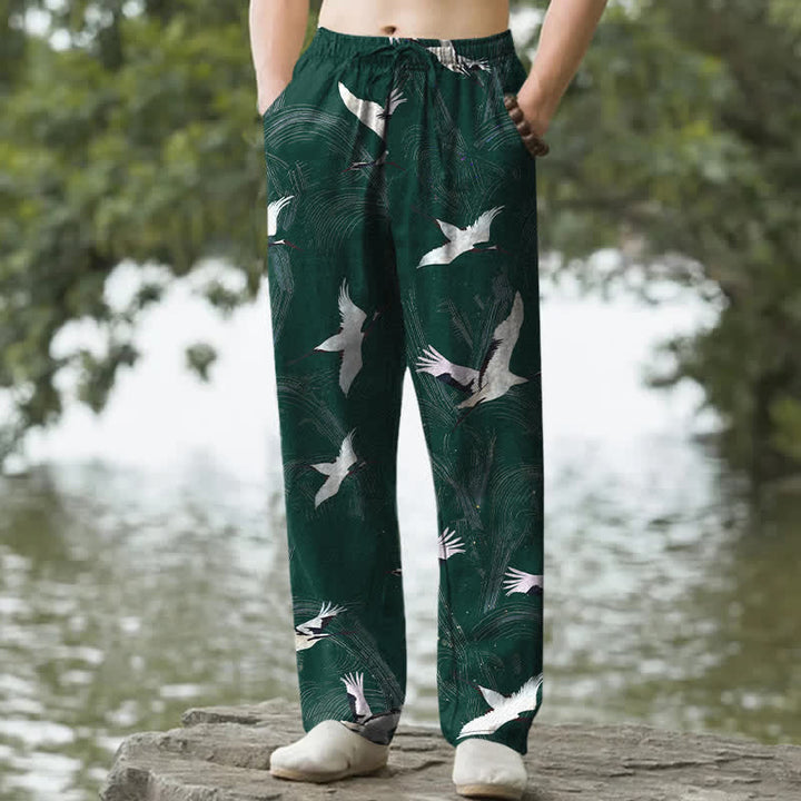 Buddha Stones Spodnie męskie zwężane z kieszeniami, bawełniane, w białe wzory z motywem fal żurawia - ForestGreen - US/UK/AU50, EU60 (5XL) - image 6
