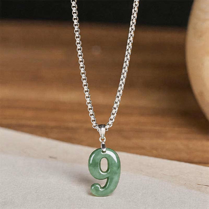 Buddha Stones Naturalny naszyjnik z łańcuszkiem z jadeitu i tytanu w kształcie cyfr 0-9, symbol dobrobytu - image 39