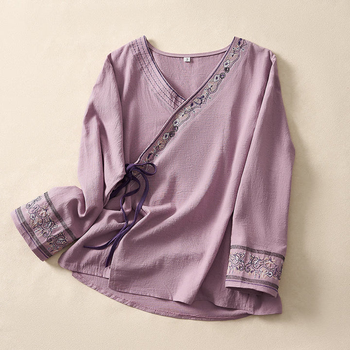 Koszula damska z długim rękawem i haftowanymi kwiatami w stylu casual z Buddha Stones i ukośnym kołnierzykiem - Orchidea - US8-10, UK/AU12-14, EU40-42 (3XL) - image 13
