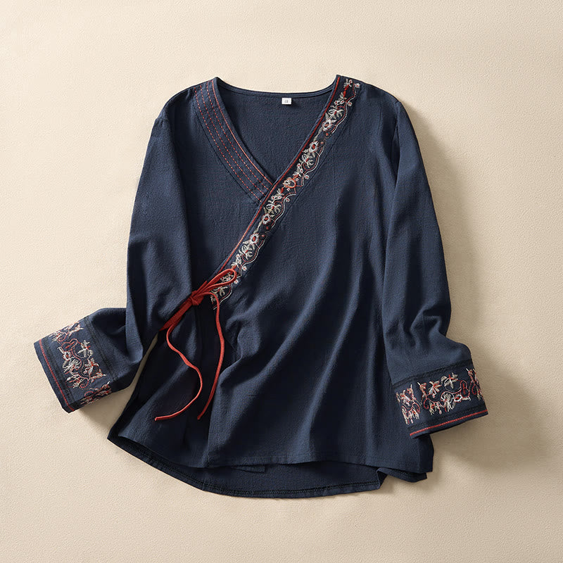 Koszula damska z długim rękawem i haftowanymi kwiatami w stylu casual z Buddha Stones i ukośnym kołnierzykiem - Marynarka wojenna - US8-10, UK/AU12-14, EU40-42 (3XL) - image 19