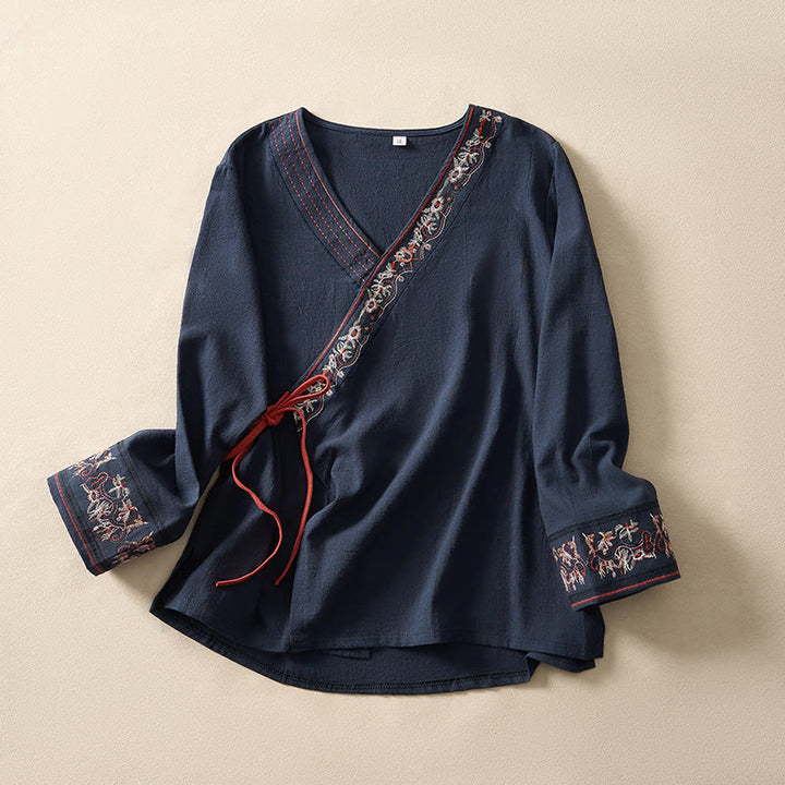 Koszula damska z długim rękawem i haftowanymi kwiatami w stylu casual z Buddha Stones i ukośnym kołnierzykiem - Marynarka wojenna - US8-10, UK/AU12-14, EU40-42 (3XL) - image 19