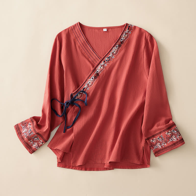 Koszula damska z długim rękawem i haftowanymi kwiatami w stylu casual z Buddha Stones i ukośnym kołnierzykiem - Cegła ogniotrwała - US8-10, UK/AU12-14, EU40-42 (3XL) - image 0