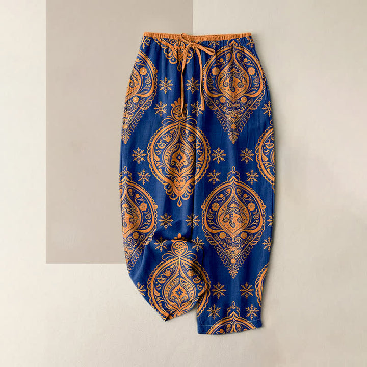 Buddha Stones Spodnie damskie z elastycznej talii z kieszeniami i wzorem kwiatowym z czystej bawełny - RoyalBlue - US16, UK/AU20, EU48 (3XL) - image 0