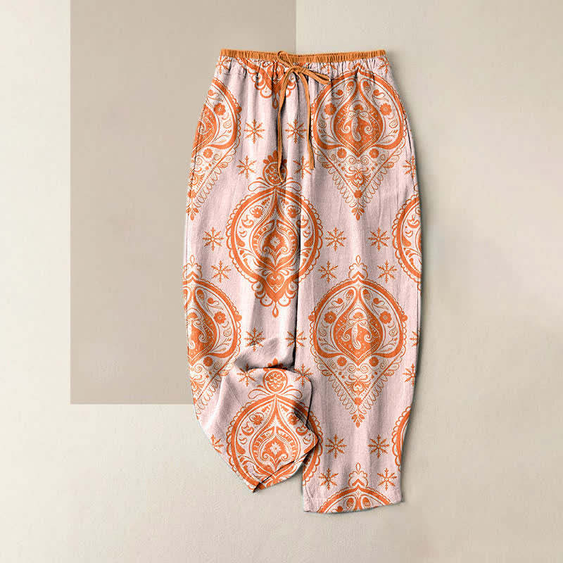 Buddha Stones Spodnie damskie z elastycznej talii z kieszeniami i wzorem kwiatowym z czystej bawełny - MistyRose - US16, UK/AU20, EU48 (3XL) - image 3