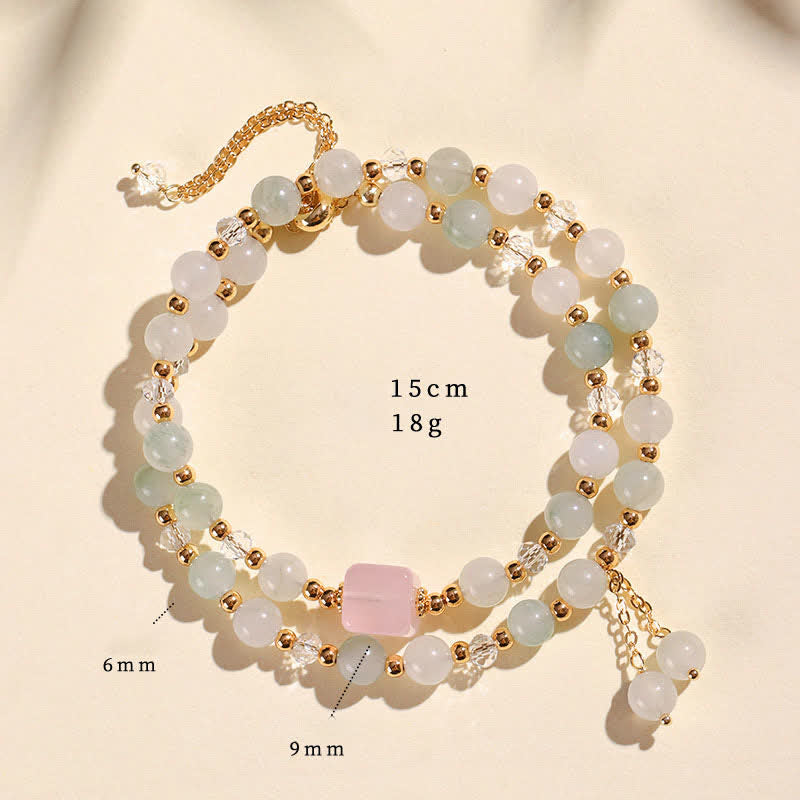 Buddha Stones Naturalna bransoletka uzdrawiająca z podwójnym owinięciem z kryształu kwarcu truskawkowego - Jadeit Tianshan (obwód nadgarstka: 14–15 cm) - image 16