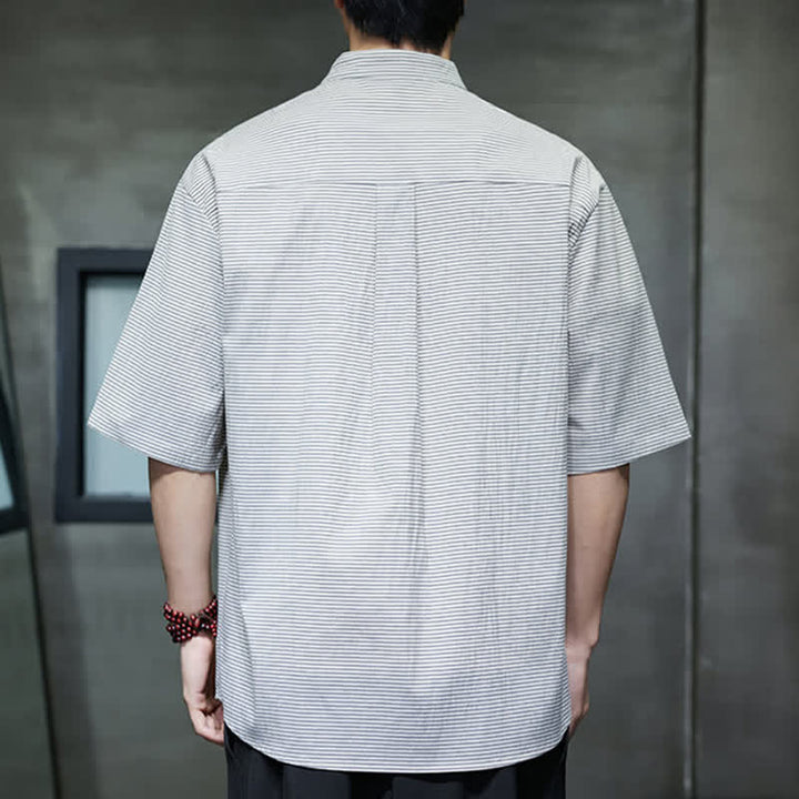Buddha Stones Koszule męskie z krótkim rękawem, letnie, swobodne, z kołnierzykiem stójkowym i wzorem w prążki - image 1