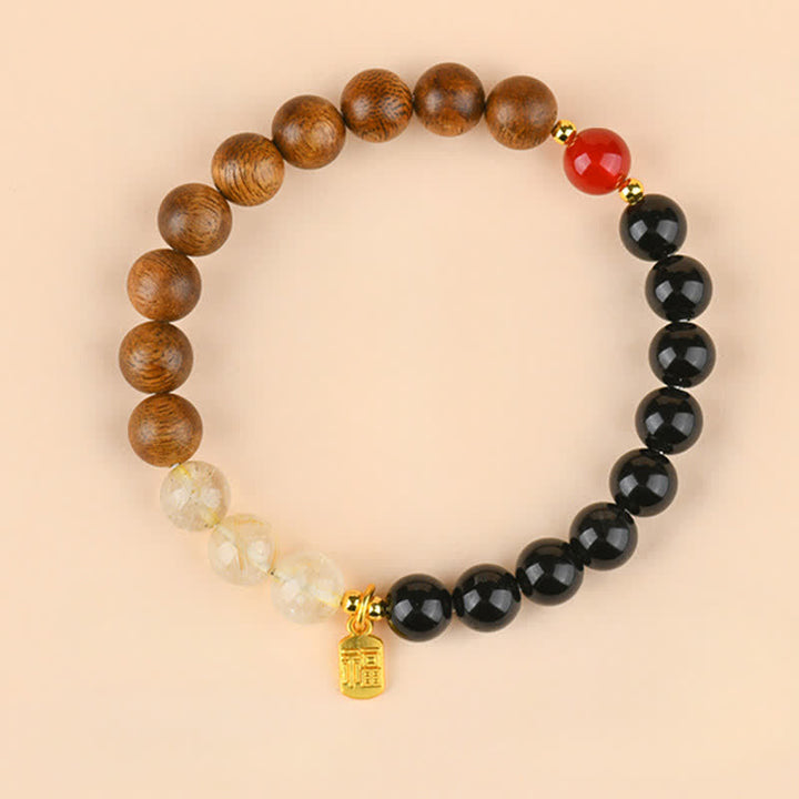 Buddha Stones Bransoletka z kwarcu truskawkowego i cytrynu, pięć elementów Fu, charakter szczęścia - Drewno Woda Ziemia (obwód nadgarstka: 15–16 cm) - image 19