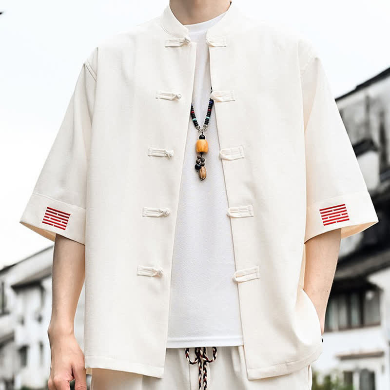 Buddha Stones Koszule męskie z krótkim rękawem w stylu Summer Tang Style Frog Button Solid - image 10